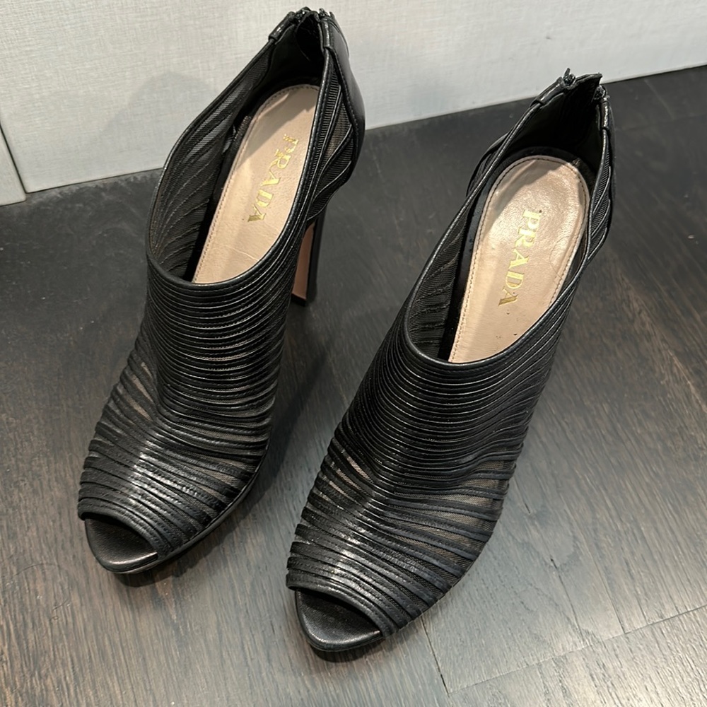 Prada Women's Black Leather Mesh Caged Peep Toe Platform Heels